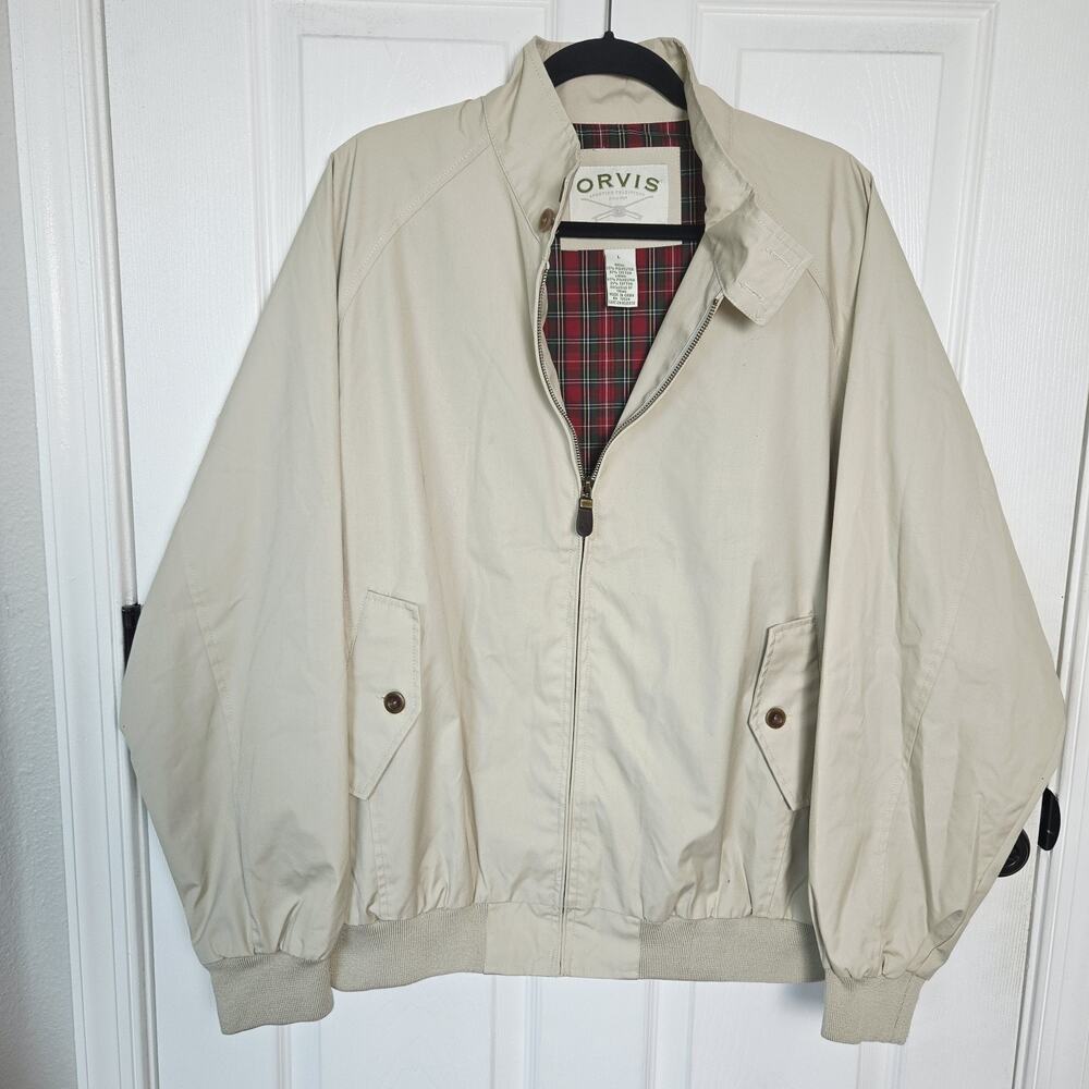Orvis Jacket Men Large Beige Windbreaker Full Zip Harrington Red Plaid Lined Vtg